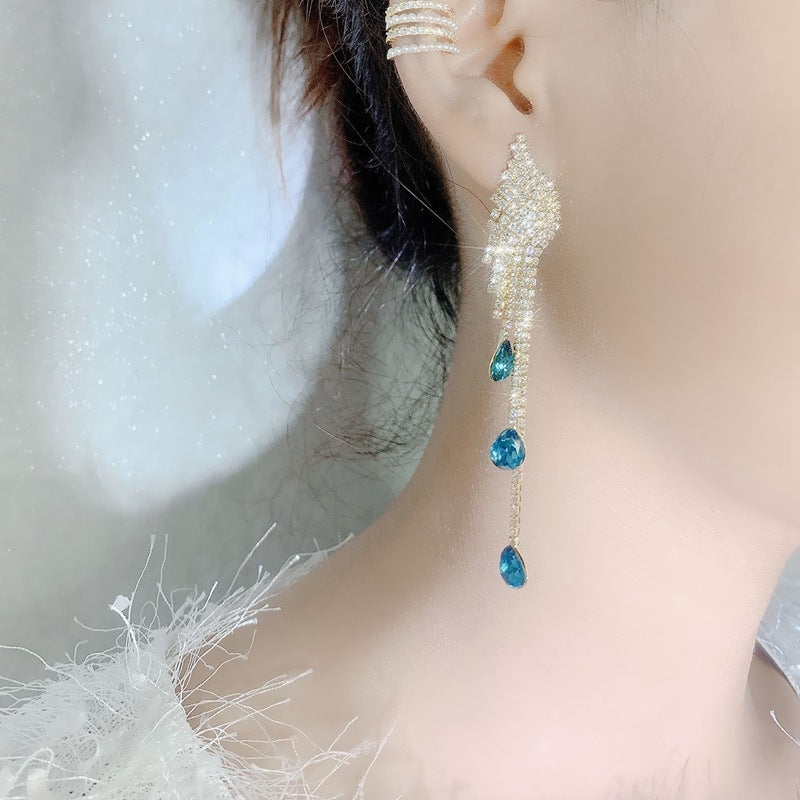 Full rhinestone long wing earrings