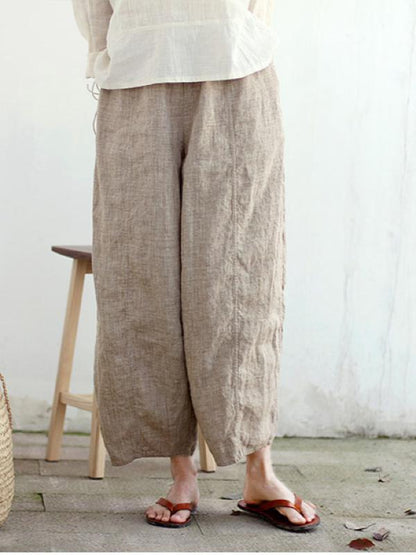 VINTAGE SOLID LINEN ELASTIC WAIST PANTS