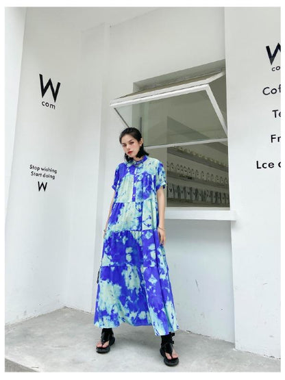 Fashion Tie-Dyed Bishop Sleeve A-Line Dress