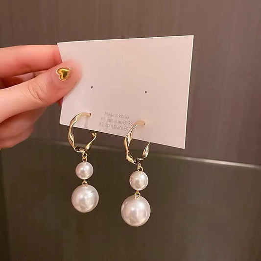 S925 silver needle pearl tassel C-shaped geometric earrings