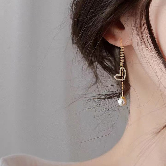 S925 silver needle gentle long tassel pearl earrings