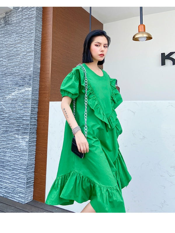 SOLID FALBALA BISHOP SLEEVE ASYMMETRIC MIDI DRESS