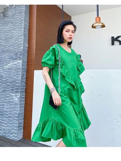 SOLID FALBALA BISHOP SLEEVE ASYMMETRIC MIDI DRESS
