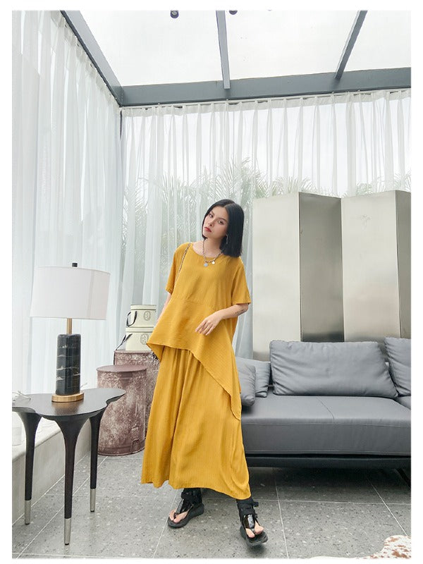 URBAN SOLID ROUND-NECK T-SHIRT&WIDE LEG PANTS SUITS