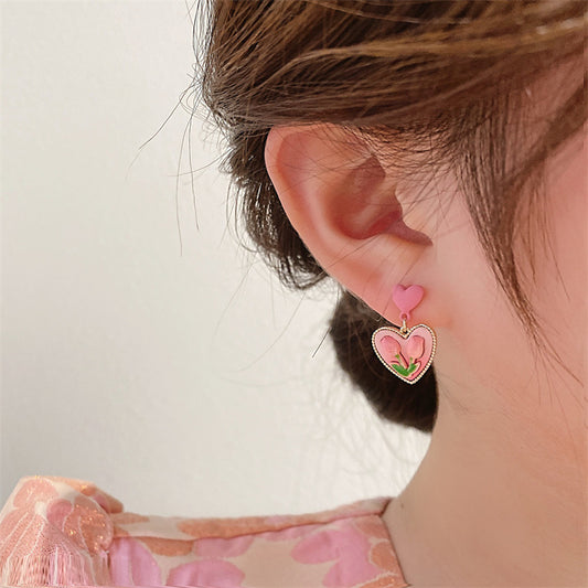 Love flower S925 silver needle pink earrings