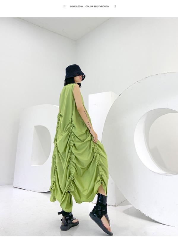 Sleeveless Pleated A-Line Solid Maxi Dress