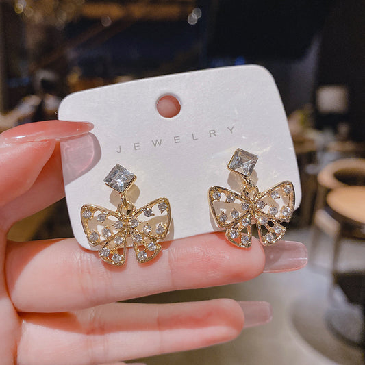Wholesale S925 silver needle fashion exaggerated rhinestone compact butterfly earrings