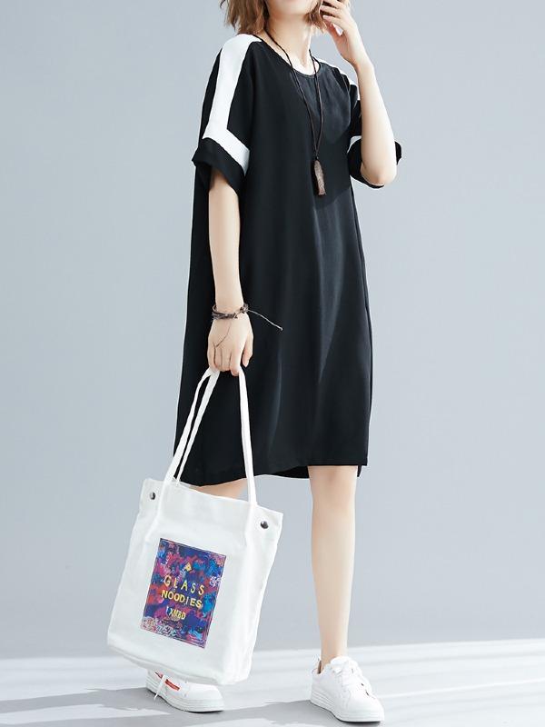 Plus Size Loose Chiffon Contrast Color Midi Dress
