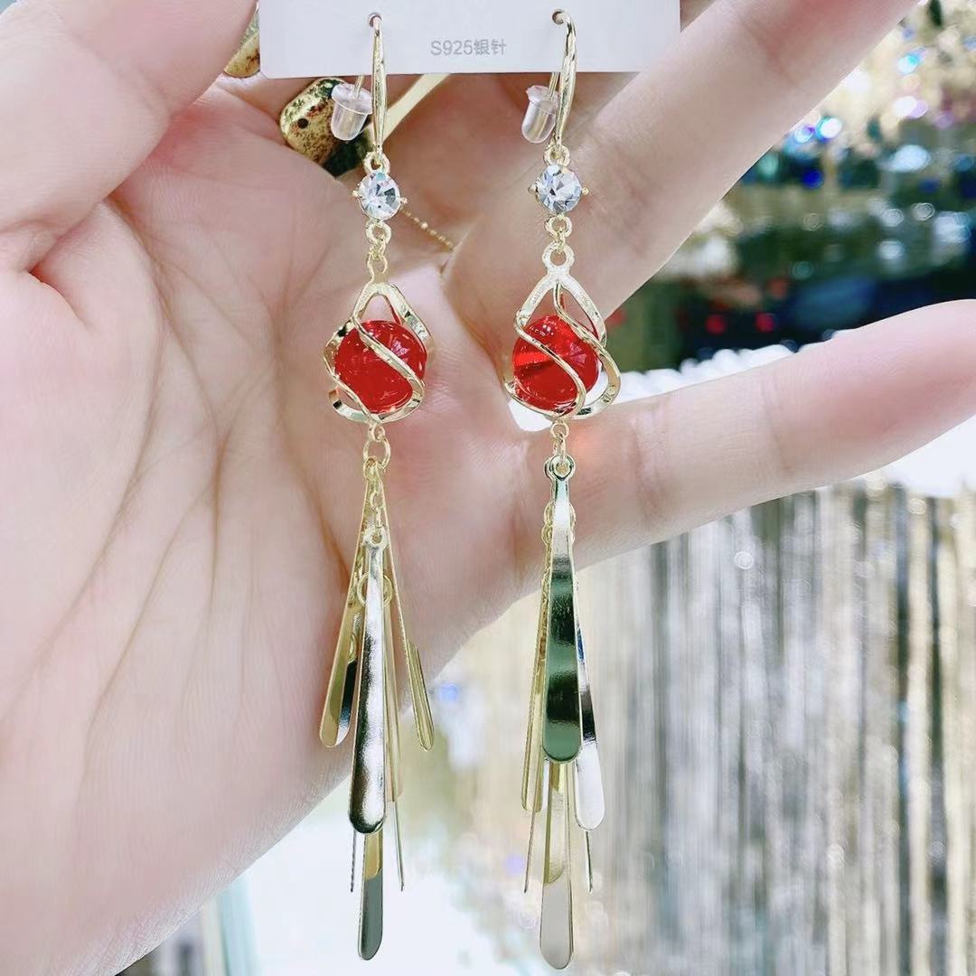 Bowknot geometric tassel long pearl rhinestone earrings