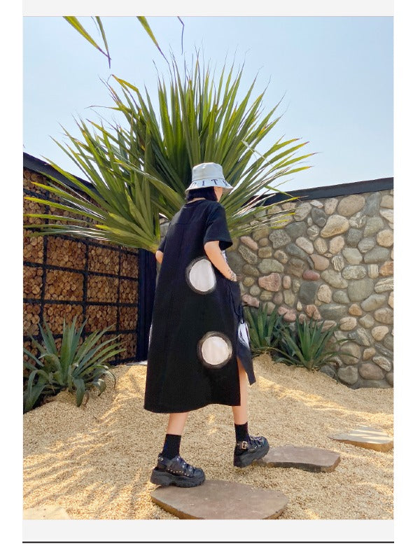 LOOSE POLKA-DOT ROUND-NECK LONG DRESS