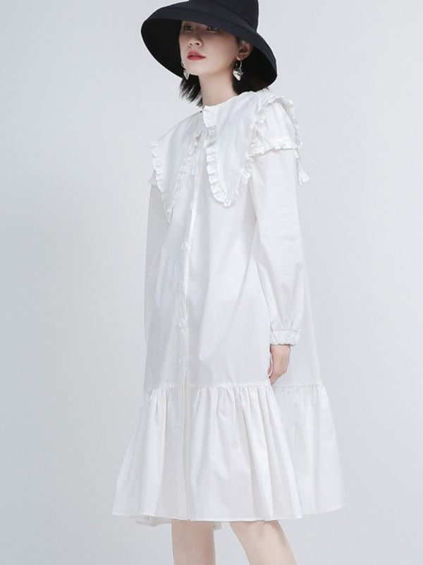 Loose Solid Ruffle Collar Cropped Falbala Dress
