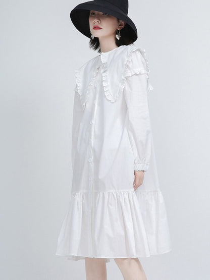 Loose Solid Ruffle Collar Cropped Falbala Dress