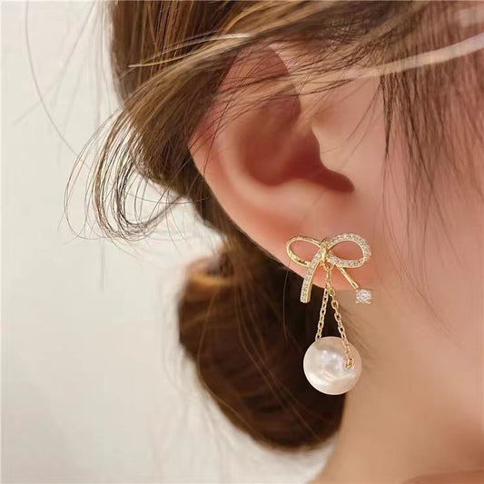 S925 silver needle tide pearl bow earrings