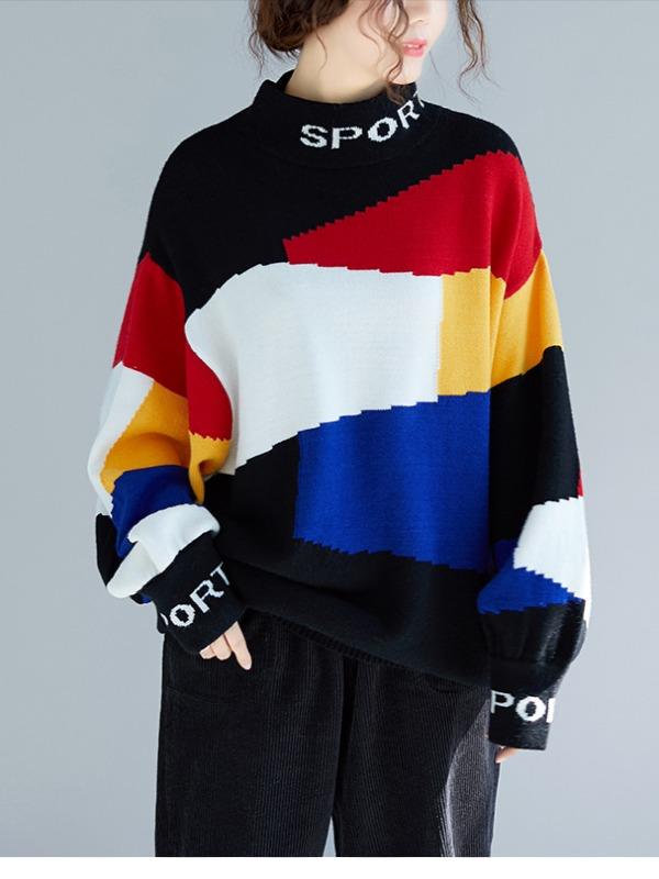 LOOSE CONTRAST COLOR HIGH-NECK KNITTING SWEATER - Zebrant