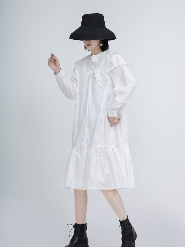 Loose Solid Ruffle Collar Cropped Falbala Dress
