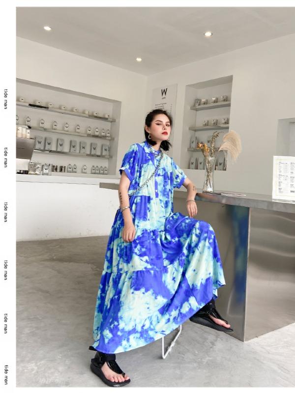 Fashion Tie-Dyed Bishop Sleeve A-Line Dress