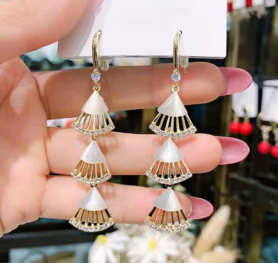 Bowknot geometric tassel long pearl rhinestone earrings