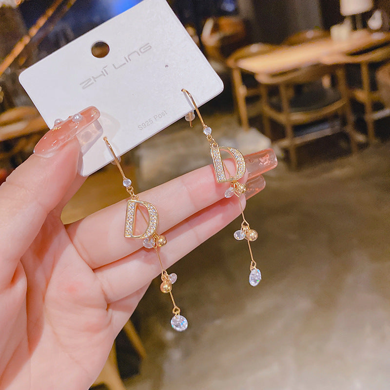 WHOLESALE zircon d letter tassel earrings