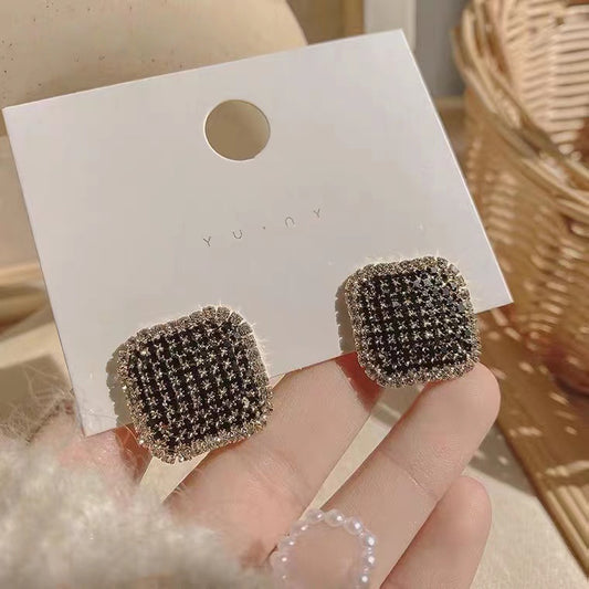 S925 silver needle geometric square black diamond earrings