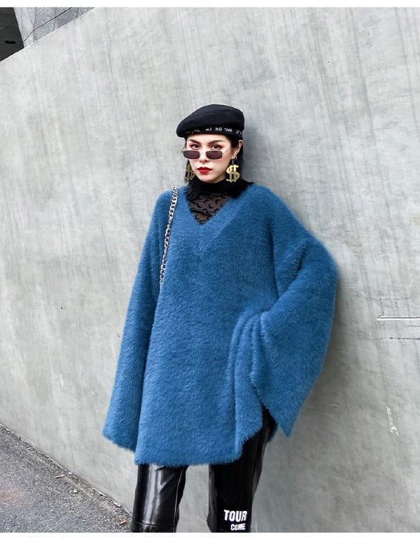 Loose V-Neck Mohair Knitting Sweater