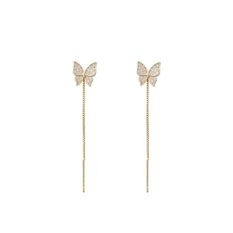 S925 silver pin-set butterfly tassel earrings
