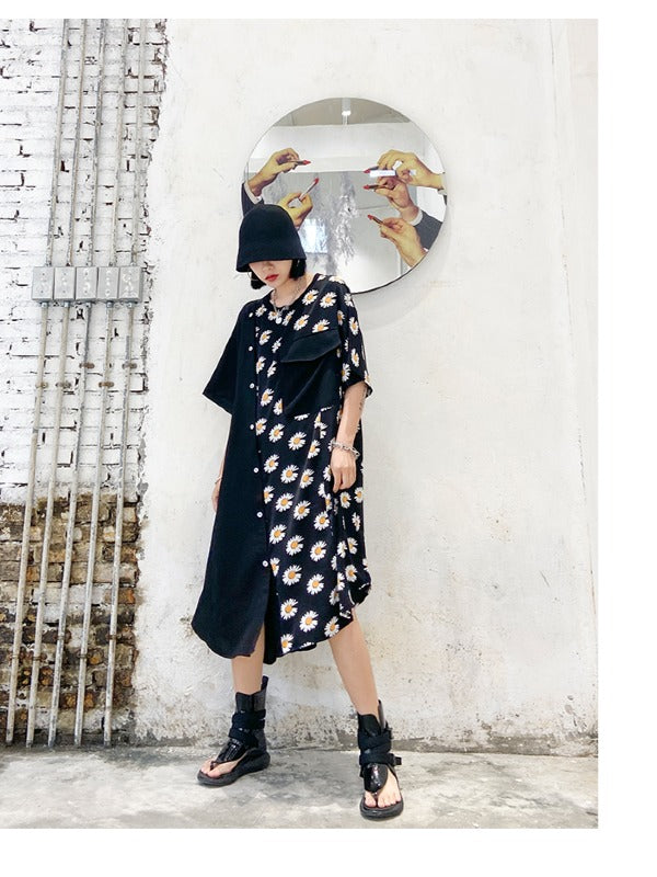 DAISY PRINT SPLICING CROPPED DRESS