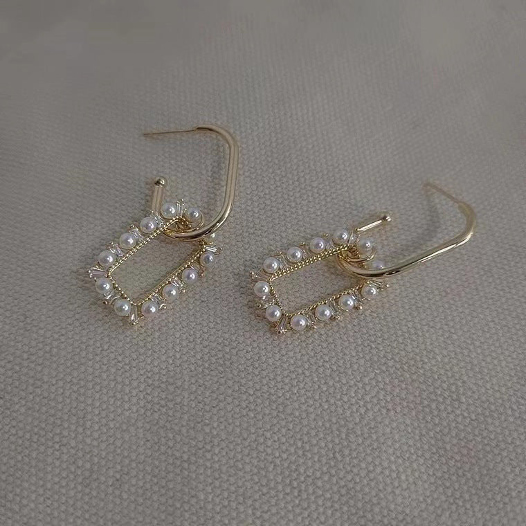 S925 silver needle micro-embedded pearl fashion geometric box earrings