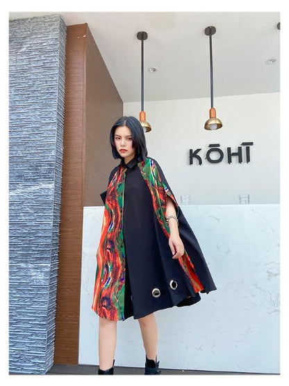 Plus Size Loose Print Cape Short Sleeve Shirt Dress