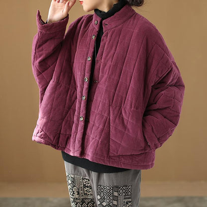 Plus Size - Winter Checks Casual Stand Collar Cotton-padded Coat