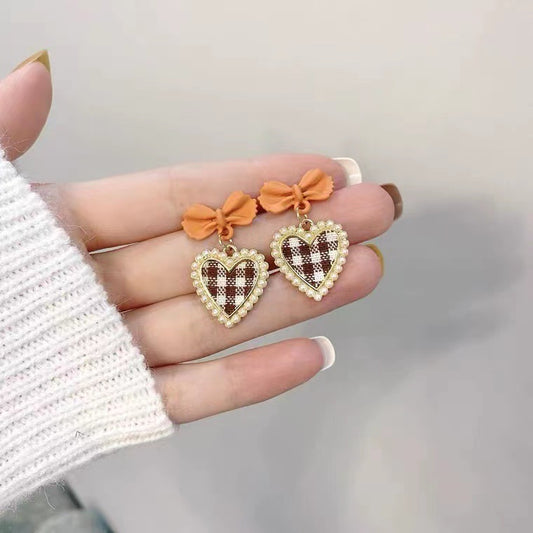 S925 silver needle sweet bow love fashion fabric heart earrings