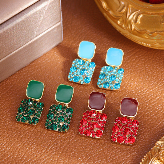 S925 silver needle macaroon colored geometric square earrings