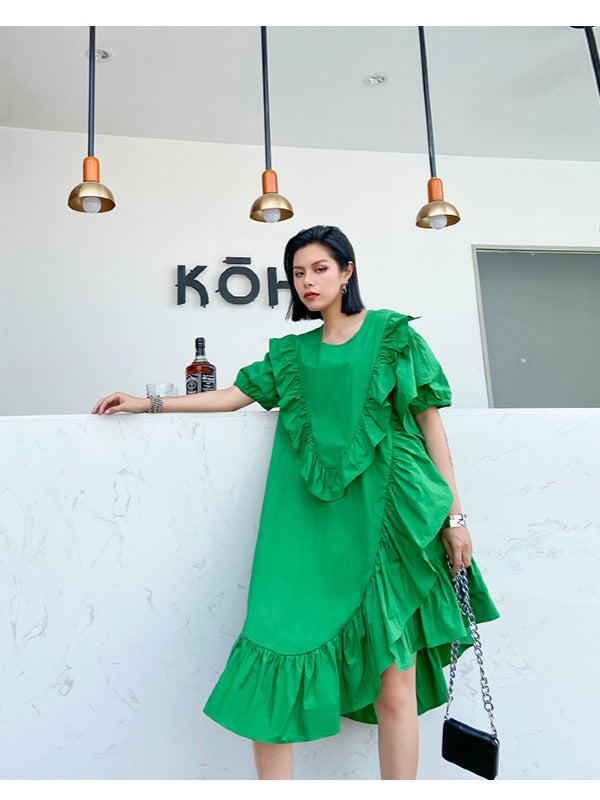 SOLID FALBALA BISHOP SLEEVE ASYMMETRIC MIDI DRESS