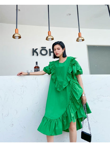 SOLID FALBALA BISHOP SLEEVE ASYMMETRIC MIDI DRESS