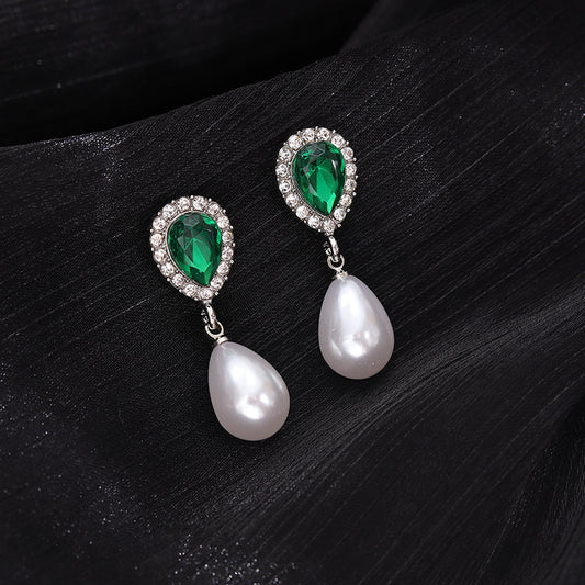 S925 silver needle vintage pearl diamond emerald earrings