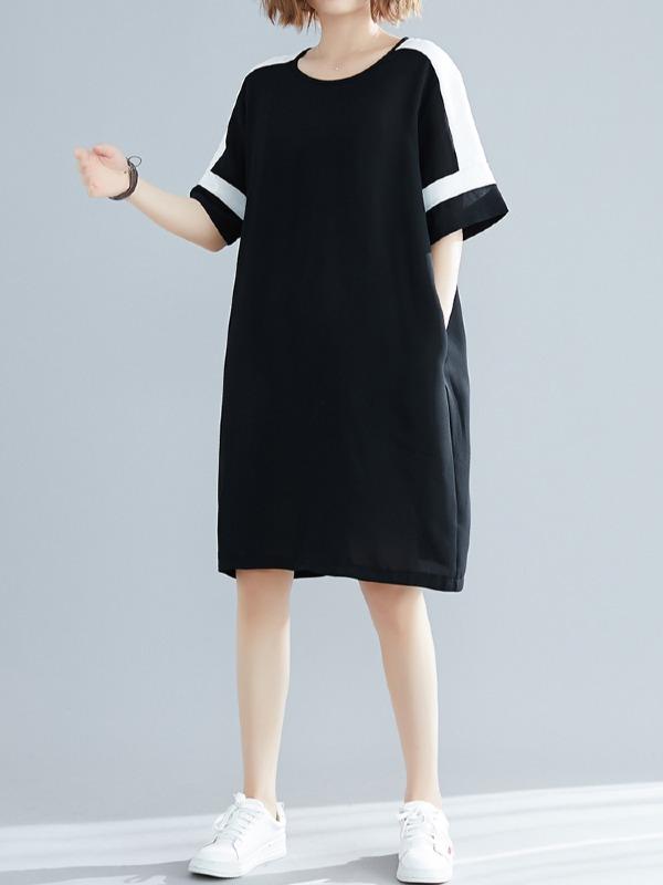 Plus Size Loose Chiffon Contrast Color Midi Dress