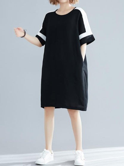 Plus Size Loose Chiffon Contrast Color Midi Dress