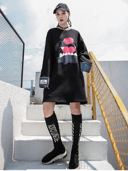 Stylish Loose Jean Cropped Splicing Print Hoodie