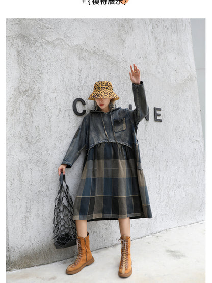 VINTAGE PLAID SPLIT-JOINT HOODIE MIDI DRESS