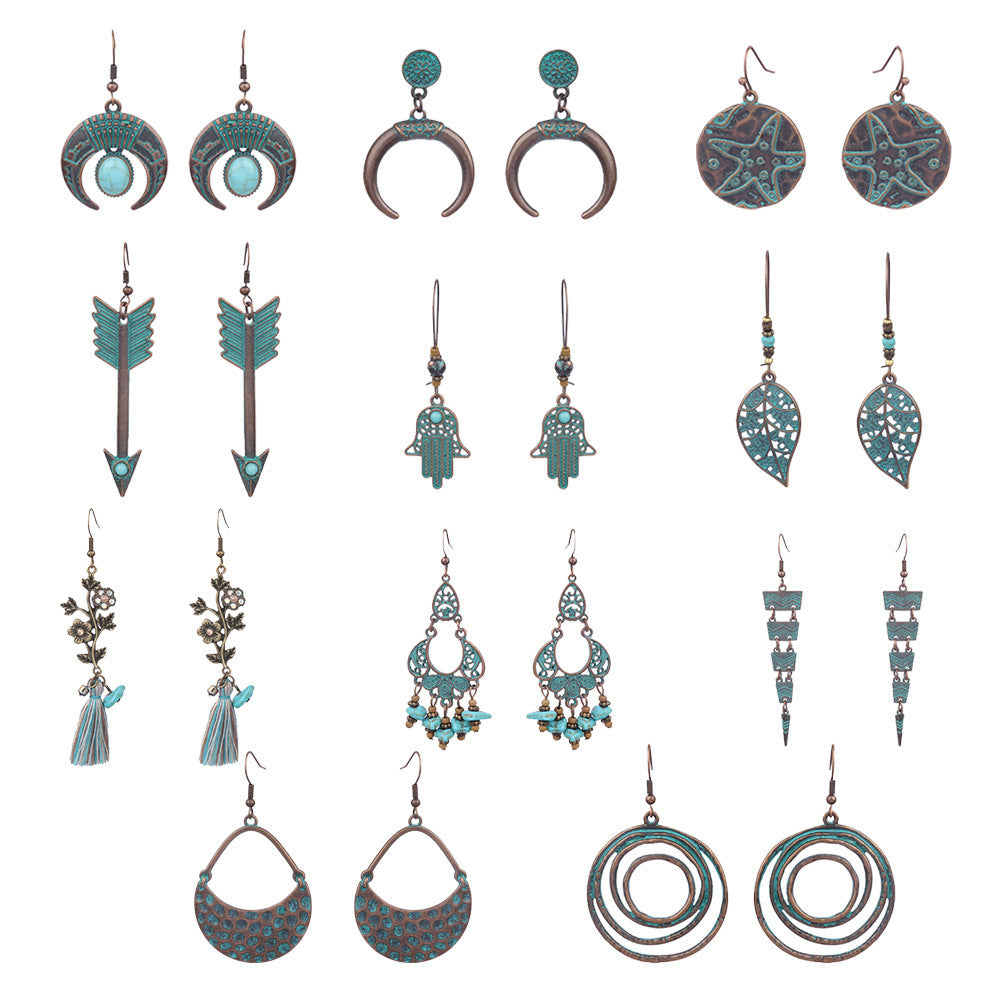 Retro earrings geometric turquoise tassel earrings