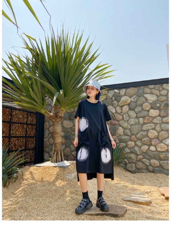 LOOSE POLKA-DOT ROUND-NECK LONG DRESS