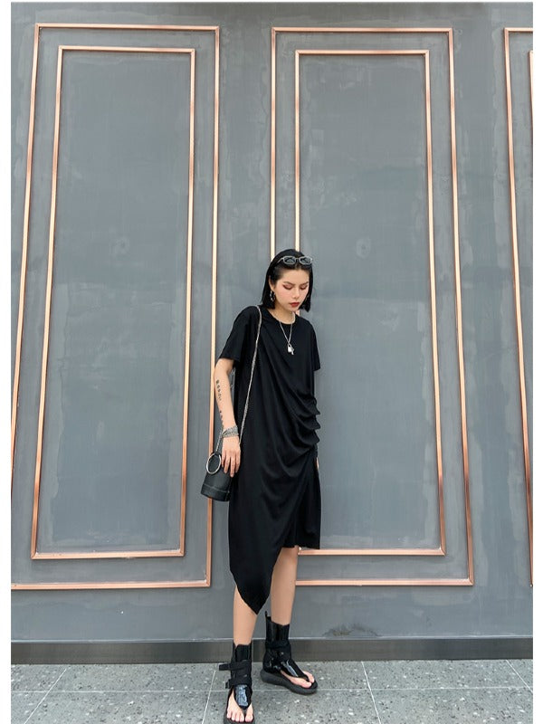 LOOSE CROPPED RUFFLED THIN MIDI DRESS