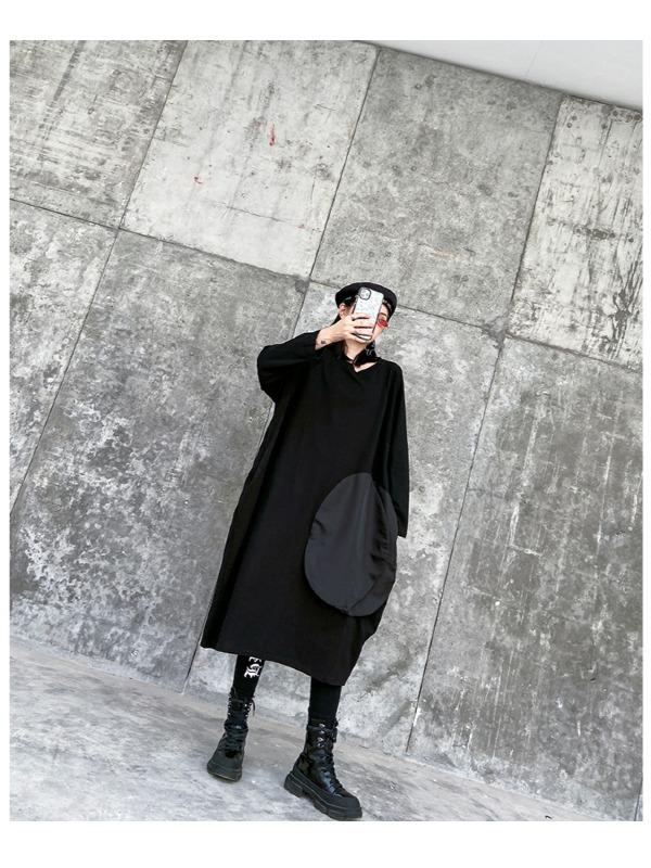 LOOSE ASYMMETRIC A-LINE SPLIT-JOINT BLACK LONG DRESS - Zebrant