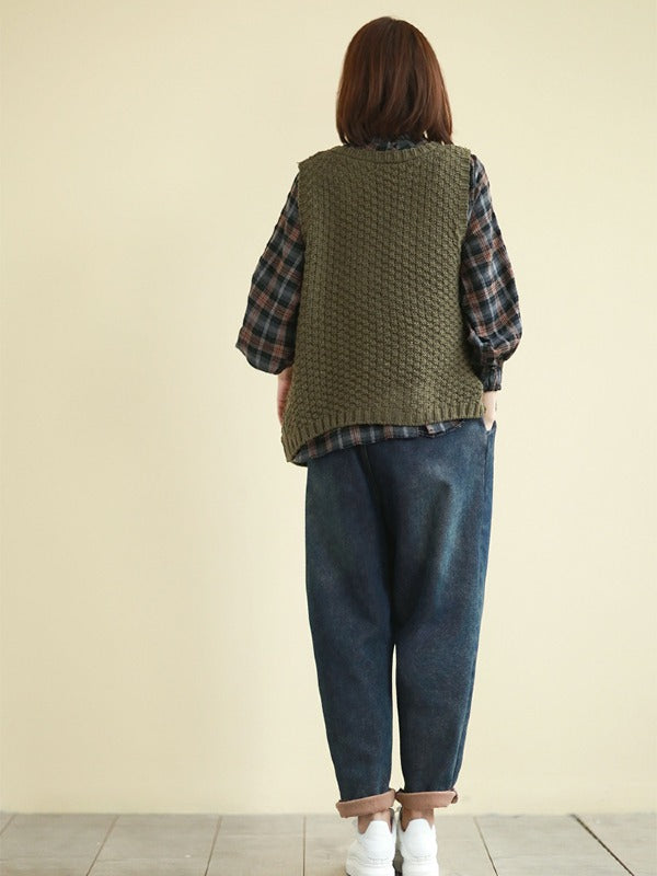 Vintage Loose Button Cropped V-Neck Vest