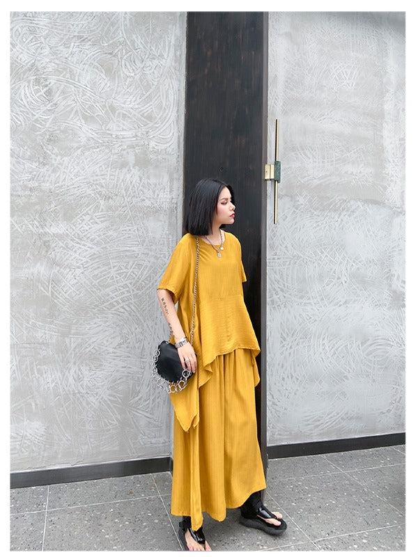 URBAN SOLID ROUND-NECK T-SHIRT&WIDE LEG PANTS SUITS