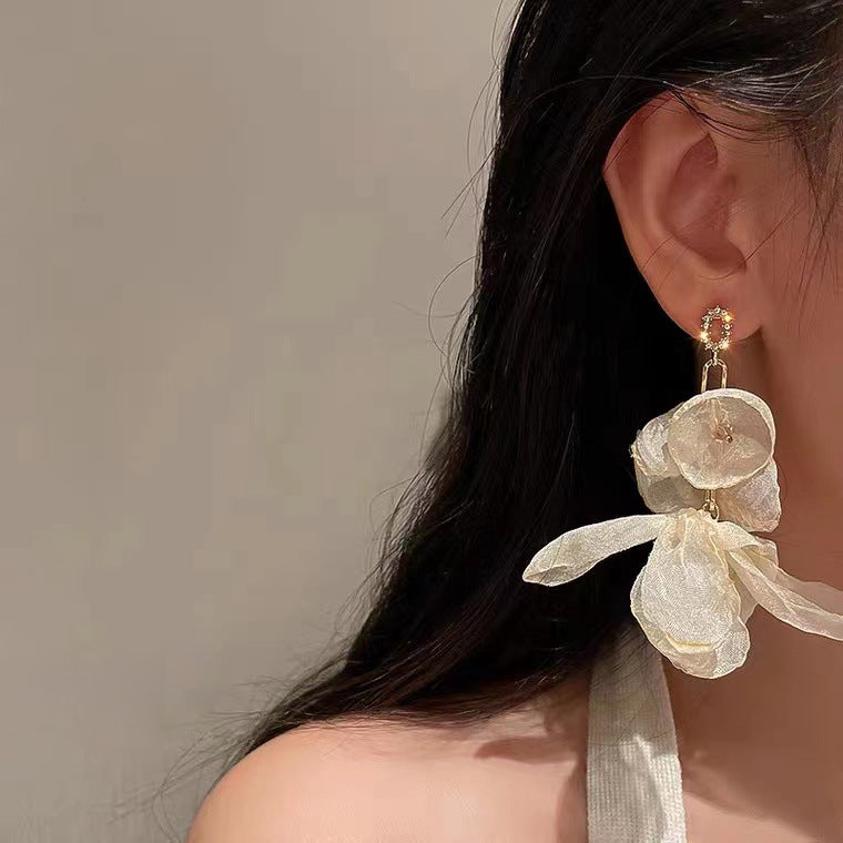 S925 silver needle flower tassel bow fabric earrings