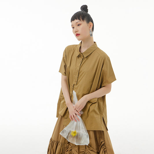Oversized Women's Loose Slim Shirt Double placket staggered short sleeve top