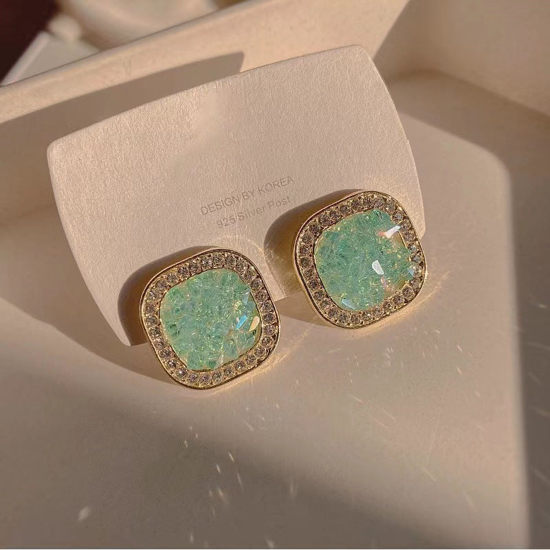 S925 Silver Needle Blue Crystal Square Fashion Earrings