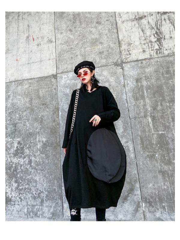 LOOSE ASYMMETRIC A-LINE SPLIT-JOINT BLACK LONG DRESS - Zebrant