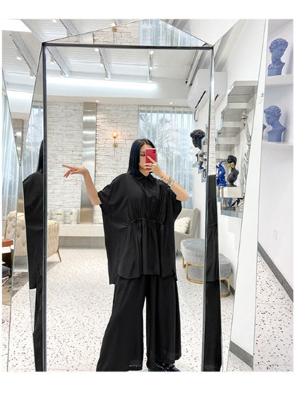 URBAN ELASTICITY BATWING SLEEVE LAPEL TOPS&WIDE LEG PANTS SUITS