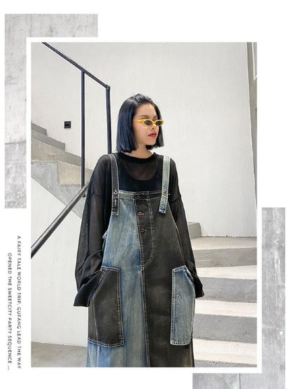 Contrast Color Splicing Sleeveless Jean Dress